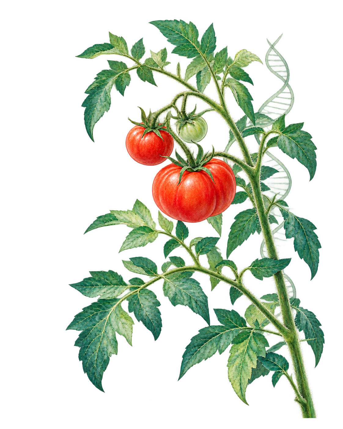 番茄植株与DNA结构的植物学插画